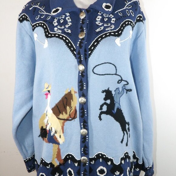 Vintage Storybook Knits Sweater Women 3X Blue Western Themed Grandma Kitschy - Picture 1 of 7